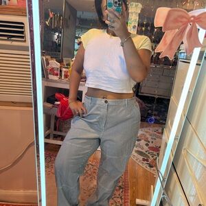 Universal Thread Railroad Stripe Carpenter Jeans Wide Leg Utility Workwear 17